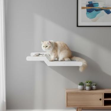 Imagem de Prateleira para Gatos com Comedouro Duplo Elevado, MDF 15mm Reforçado, 2 Tigelas de Inox Removíveis, 68x35x12cm, Suporta até 25kg (Branco)