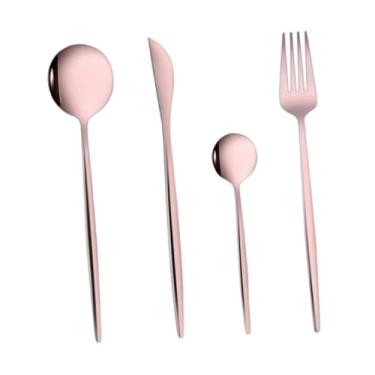 Imagem de ＫＬＫＣＭＳ Conjunto de 4 talheres: faca, garfo e colher, polidos, em aço inoxidável, ideais para festas, uso diário e restaurantes, Rosa Ouro