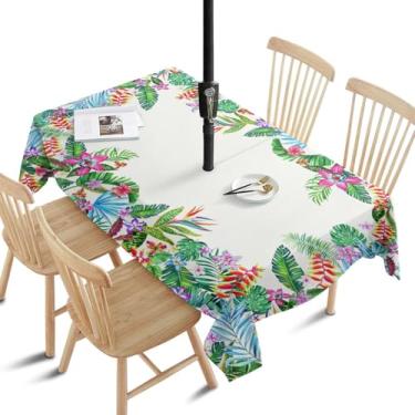 Imagem de Virtumob Toalha De Mesa Para Área Externa Com Furo Guarda-Chuva E Zíper, Capas Retangulares Pátio Primavera/Verão, Pano Piquenique Lavável À Máquina (01 Listras, Retangular 60" X 84")
