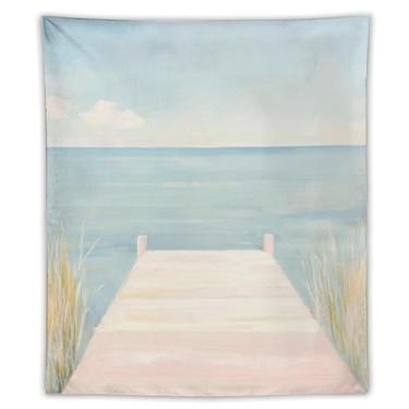 Imagem de Tapeçaria pastel cais vista oceano cena de água calma estilo pintura a óleo pendurado na parede decoração de casa costeira para quarto sala de estar Serene Vibe70 x 90 tapeçaria
