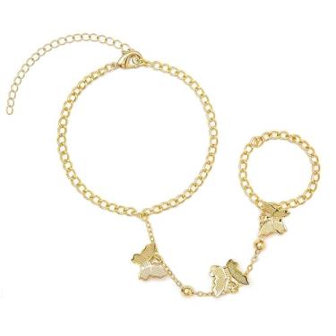 Imagem de Pulseira de corrente de mão banhada a ouro 14K com anel, delicada pulseira de dedo de zircão cúbico, joia corporal de punho ajustável presentes para mulheres, One Size, Zircônia cúbica