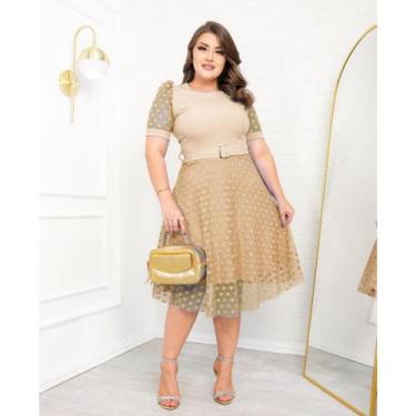 Imagem de Vestido Mídi Manga Princesa tule Poa Forrado Canelado com Cinto no Mei