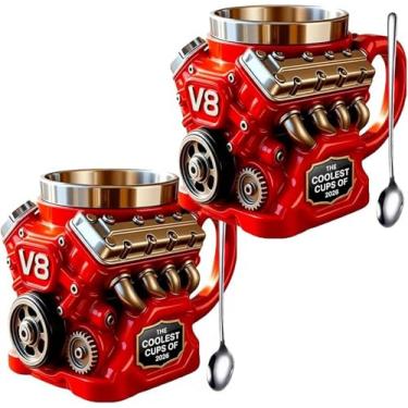Imagem de Caneca de café com tema de motor, retrô V8 Engines Caneca de aço inoxidável realista, copo de carro com isolamento de parede dupla criativa para amantes de carros marido e entusiastas de mecânicos. (2