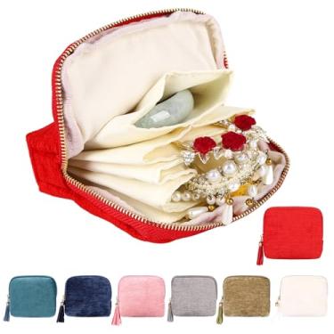 Imagem de YAIZLBCA Pequena caixa de joias de viagem, presentes de viagem para mulheres, bolsa organizadora de joias de veludo macio, bolsa de armazenamento para pulseiras, anéis de brincos, colares