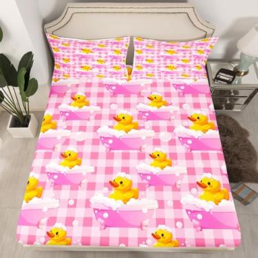 Imagem de Erosebridal Jogo de lençol solteiro xadrez rosa fofo de pato amarelo com desenho de patos de fazenda, animais de estimação