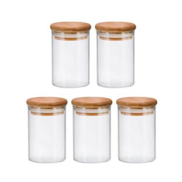 Imagem de Conjunto de Potes de Vidro 250ml Herméticos com Tampa de Bambu para Temperos, Mantimentos e Organização de Cozinha, Vedação Segura e Armazenamento Prático (5 POTE)