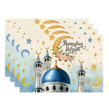 Imagem de XCHI Jogo americano Moons Stars Ramadan Kareem conjunto de 4 tapetes de mesa para festa, casa, cozinha, decoração de mesa de jantar, 30 x 45 cm
