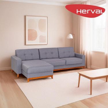 Imagem de Sofá 4 Lugares com Chaise Herval Safira Linho Cinza, 300 cm