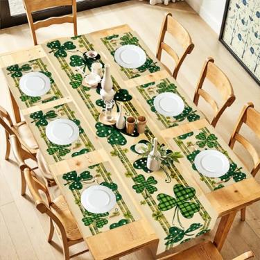 Imagem de Conjunto de 6 corredores de mesa e jogos americanos de trevo quadriculado verde, 33 x 182 cm, jogo americano de 30 x 45 cm, decoração de férias no dia de São Patrício, cozinha ou mesa de jantar