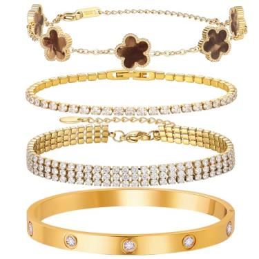 Imagem de Pulseira de amor banhada a ouro 18 K para mulheres, pulseira de 4 peças com concha sintética, corrente de trevo floral, corrente de tênis e pulseira de ouro de cristal, joia de presente com design de