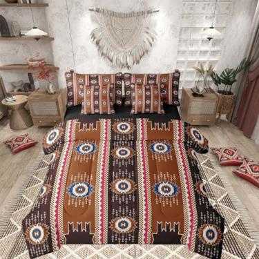 Imagem de Feelyou Conjunto de edredom asteca do sudoeste com lençol de 7 peças, cama queen size ocidental nativo americano ocidental em uma bolsa, para crianças, meninos, meninas, marrom, sudoeste, decoração de