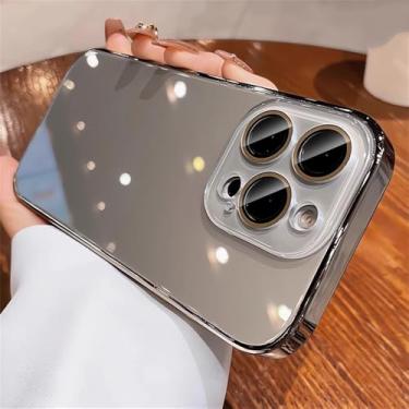 Imagem de Capa protetora de luxo com revestimento cromado e acabamento brilhante para iPhone 15, 16, 17 Pro Max, Air 14, 13, 12 e 11, com lente de vidro cristal, na cor cinza titânio.