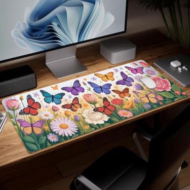 Imagem de Tapete de mesa borboleta de couro, mouse pad de arte colorida grande teclado de computador para jogos, capa e protetor de mesa à prova d'água, tapete decorativo de couro PU para laptop, decoração de