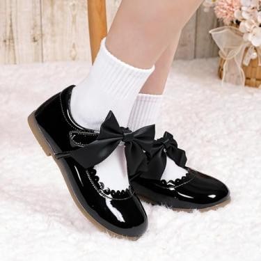 Imagem de Sapato social infantil para meninas, com laço e laço Mary Jane, sapatilhas, uniformes escolares fofos para festas de casamento, Preto, 10 Toddler