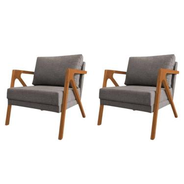 Imagem de Conjunto 2 Poltronas Sala De Estar Monique Madeira Cerejeira Grafite Linho