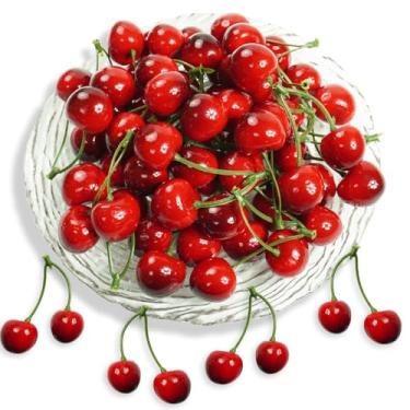 Imagem de 30 peças de cerejas artificiais, cereja falsa a granel de frutas falsas, enfeite realista de cereja para decoração de casa, cozinha, festa, mesa, centro de mesa, suporte de exibição de fotografia