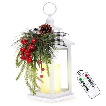 Imagem de Lanternas de vela vintage de Natal de metal com controle remoto e luz de LED, lanterna decorativa de fita xadrez para decoração de varanda interna e externa, presente de festa, branco, WOKEISE