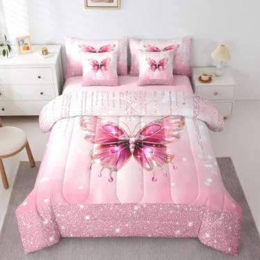 Imagem de Feelyou Conjunto de edredom de borboleta rosa com 7 peças, solteiro, cama de princesa sonhadora, para crianças, meninos, meninas, glitter, aquarela, borboletas, decoração de quarto, respirável