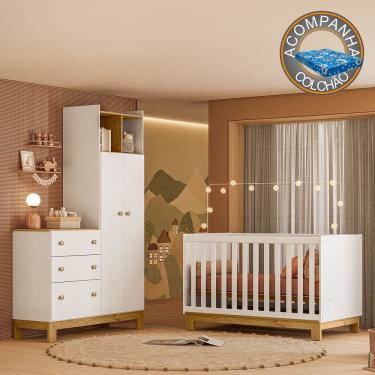 Imagem de Quarto de Bebê com Berço Slim e Guarda Roupa com Cômoda Flora Branco Acetinado Qmovi + Colchão Ortobom