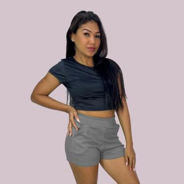 Imagem de Short Feminino Cintura Alta Com Bolso Malha Conforto Casual Cor:CinzaT