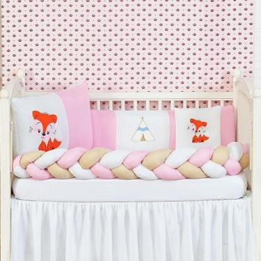 Imagem de Kit Berço Trança Raposa Casinha 6 Peças Com Enchimento Rosa - Brucebab