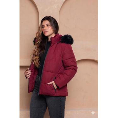 Imagem de Jaqueta Feminina Puffer com Capuz Peluciado Bobojaco Inverno COR:VERME