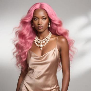 Imagem de Perucas Lace Front WAQI 60cm Ondulado Corpo 13x6 Cabelo Humano Rosa