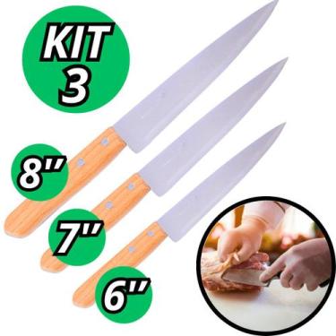 Imagem de 3 Faca De Cozinha Diferentes Inox Do Chef Profissional Cabo De Madeira