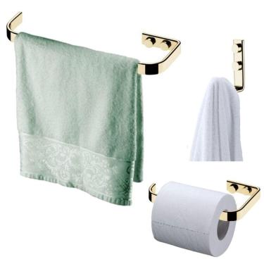 Imagem de Kit Banheiro Dourado Porta toalha 22cm + Gancho + Suporte Porta Papel Higiênico - Future