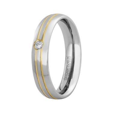 Imagem de Aliança Aço Lisboa 5mm com Filete Central Duplo Gold IPG e Zircônia