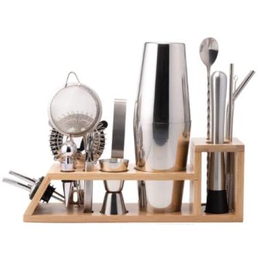 Imagem de KIT COQUETELEIRA EM AÇO INOX E SUPORTE DE BAMBU 17 PEÇAS