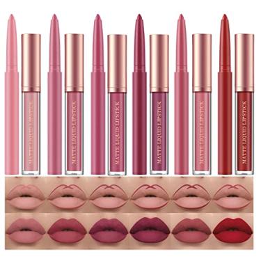 Imagem de BestLand Conjunto de 12 peças de batom líquido fosco + delineador de lábios, conjunto de maquiagem One Step Lips, pigmento aveludado nude, à prova d'água, longa duração, brilho labial, conjunto de