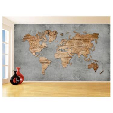 Imagem de Papel De Parede 3D Mapa Mundi Madeira Concreto 3,5M Nmu31