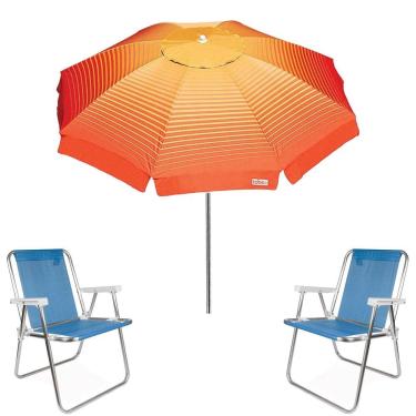 Imagem de Kit Guarda Sol 2,2m Articulado Cancun Laranja Cadeira Alta Alumínio Sannet Praia Piscina Camping