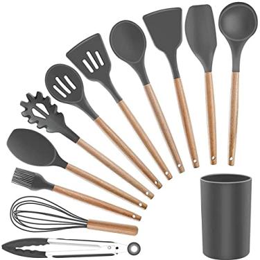 Imagem de Kit 12 utensílios de cozinha em silicone e madeira - BPA free (Cinza escuro)