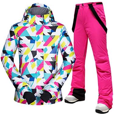 Imagem de Yajun Terno de esqui moda feminino jaquetas e calças de inverno quentes à prova d'água -30 graus poliéster roupa de neve para acampamento de ciclismo ao ar livre, rosa, G (busto: 108cm)