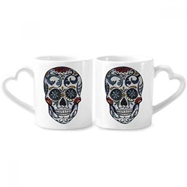 Imagem de Conjunto de canecas de porcelana para casais, ilustração da cultura nacional do México, caveira cinza, coração