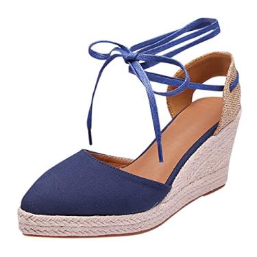 Imagem de Sandálias femininas de cunha verão nova plataforma salto alto feminino alpargatas de palha sapatos femininos meio dedo feminino (azul, 35)