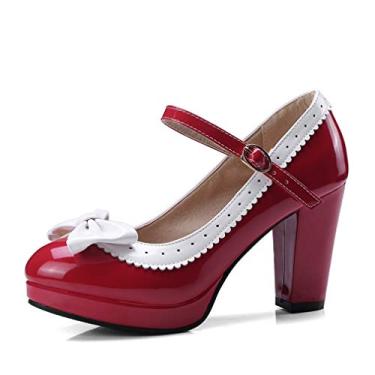 Imagem de HILIB sapato feminino de salto alto Lolita bonito laço Mary Jane, Vermelho, 5
