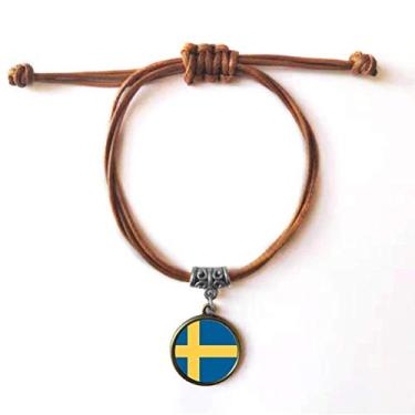 Imagem de DIYthinker Pulseira de couro com bandeira nacional da Suécia, pulseira de couro marrom para presente