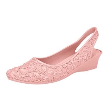 Imagem de Sandálias rasteiras femininas de inverno moda verão cor sólida flor plástico salto inclinado pontiagudo sandálias, rosa, 6.5