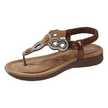 Imagem de Sandálias de anabela para mulheres e mulheres sandálias de anabela elástica tira no tornozelo casual boêmio sapatos de praia decoração de strass dedo do pé sandálias tanga (marrom, 7)