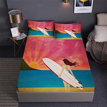 Imagem de Jogo de cama de praia com decoração de surfe de verão em um saco, 7 peças, conjunto de cama de surfe, incluindo 1 lençol com elástico + 1 edredom + 4 fronhas + 1 lençol de cima (C, cama de solteiro em