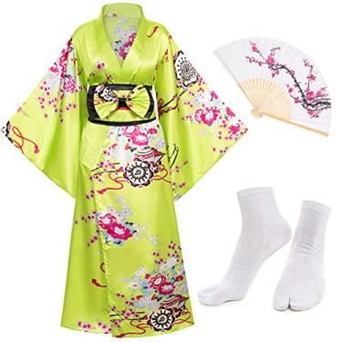 Imagem de Elibelle Conjunto de quimono feminino de anime japonês Geisha Yukata Sweet Dress Blossom Satin Roupão de Banho Fãs Tabi Socks, Verde, Tamanho Único