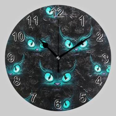 Imagem de CHIFIGNO Relógio redondo de gato preto com olho azul, 25 cm, operado por bateria, relógio redondo, decoração de parede para parede de casa