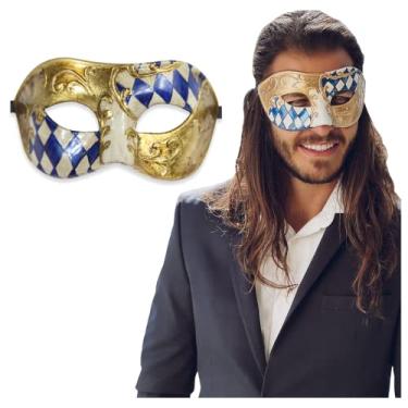 Imagem de Máscara de baile de máscaras masculina – Máscara de visual antigo para Halloween, festa veneziana, baile de máscaras, carnaval e formatura, Azul/dourado meio quadriculado, tamanho nico