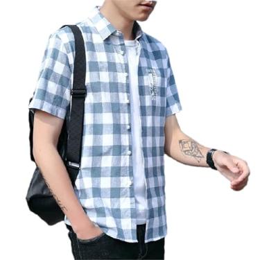 Imagem de Camisa masculina de manga curta verão algodão casual xadrez masculina xadrez verão casual manga curta, Azul, P