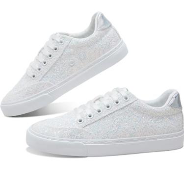 Imagem de Jeekopeg Tênis da moda brilhante brilhante sapatos casuais brilhantes com lantejoulas brilhantes para concertos de corte baixo com cadarço, Glitter branco, 36 BR