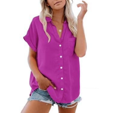 Imagem de Aoudery Camisa feminina de botão, manga curta, abotoada, casual, gola V, blusa de verão com bolsos, Roxo, rosa, GG