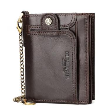 Imagem de Carteira masculina de couro com corrente antifurto, couro genuíno com bloqueio de RFID, carteira vintage de motociclista com zíper duplo, bolso para moedas, Café, Retrô